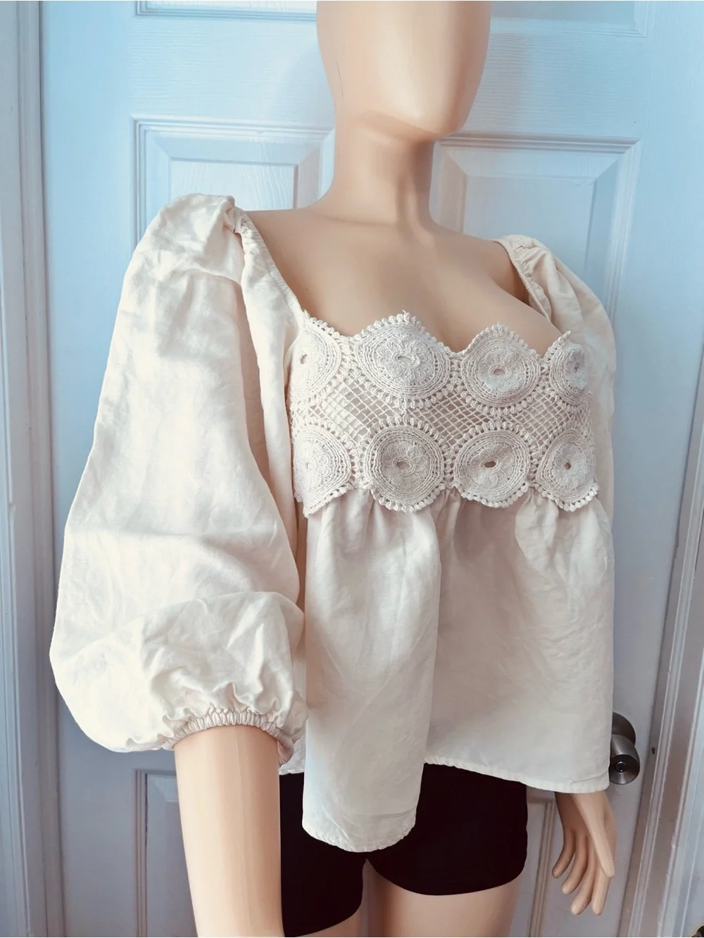 Anthropologie Cream Crochet Yoke Puff-Sleeve Blouse